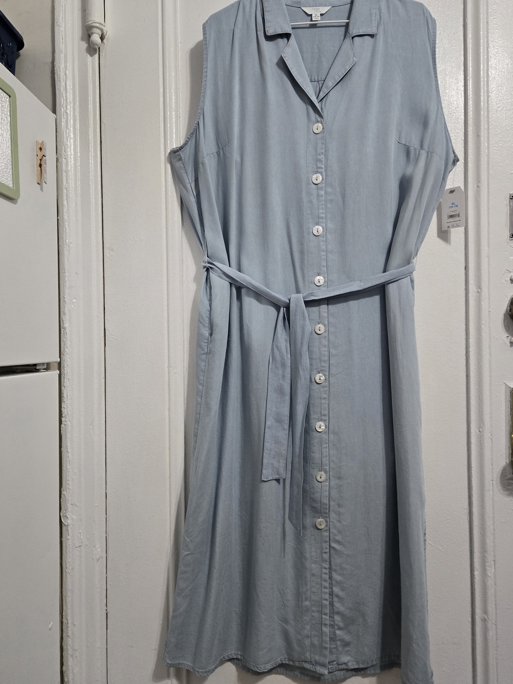 Sleeveless Light Blue Midi Shirt Dress with Waist Tie